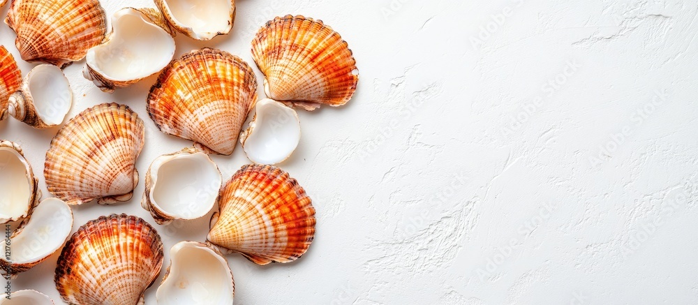 Bay scallops arrangement on a white background with ample copyspace for culinary or seafood themed text and promotional use Bay scallops arrangement on a white background with ample copyspace for culinary or seafood themed text and promotional use