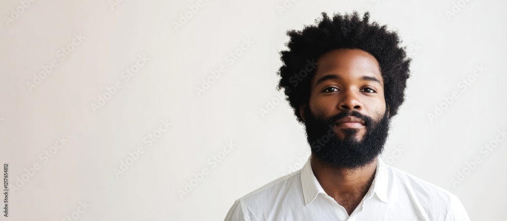 Fototapeta premium Bearded man with afro hairstyle in a white shirt against a neutral background perfect for adding text or promotional content