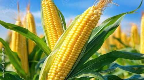 Vibrant close up of ripe yellow corn against a clear blue sky ideal for agricultural themes and copy space for text or advertising photo