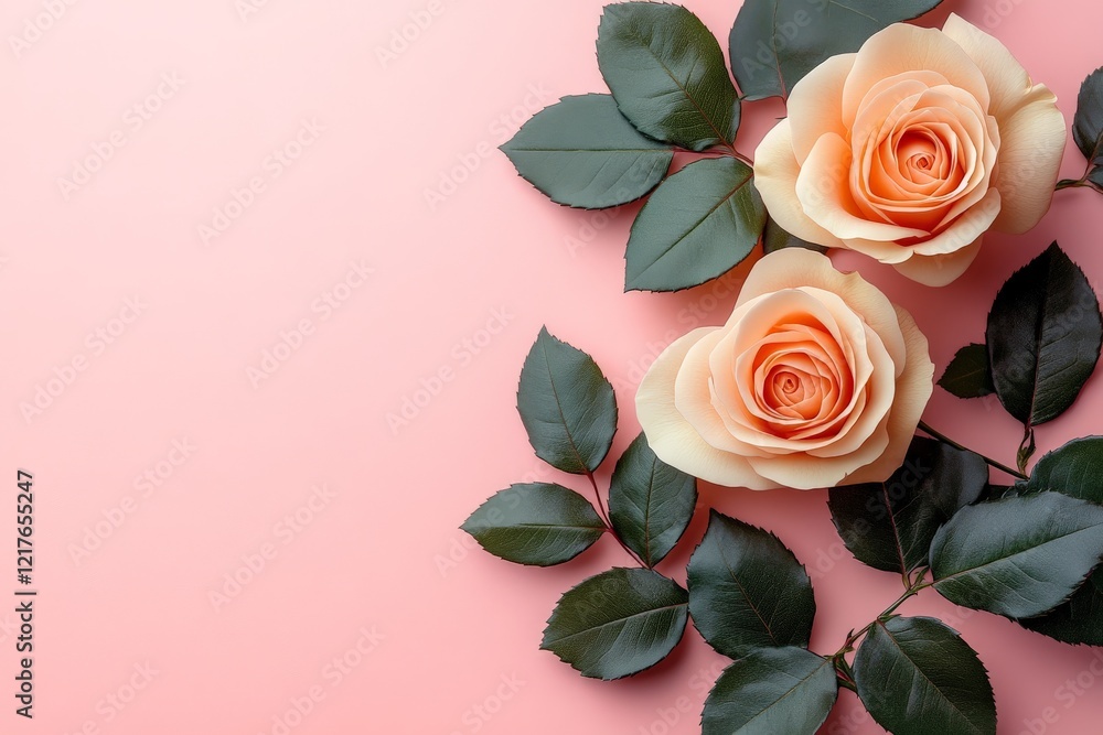 Fototapeta premium Beautiful peach roses with green leaves arranged on a soft pink background