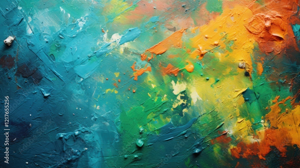 Fototapeta premium The wall is chaotically painted with different colours of paint, it looks uneven. Colourful wallpaper. Painting on canvas. Artistic texture. Illustration for cover or decor.