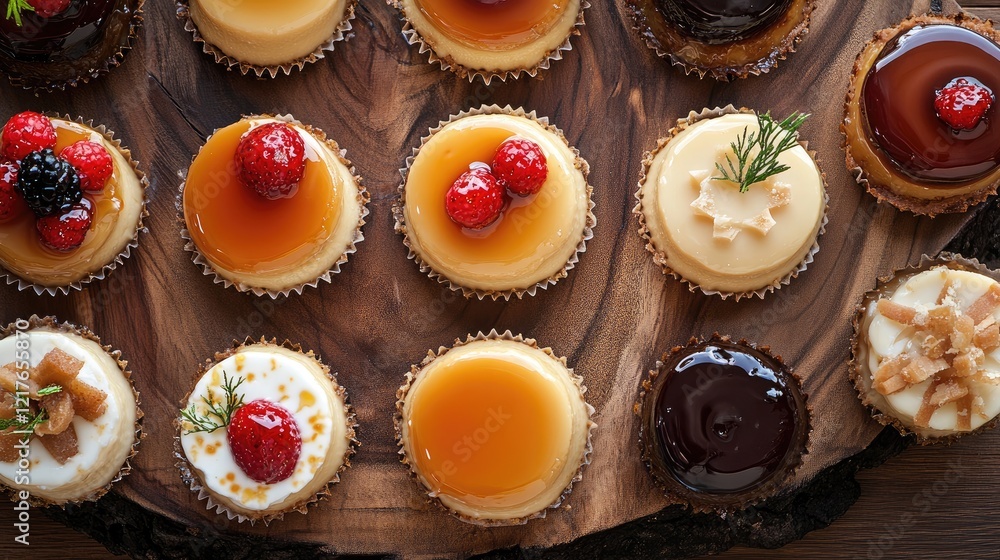 Assorted mini vanilla flans elegantly arranged on a rustic wooden platter with vibrant fruit toppings and caramel drizzles Assorted mini vanilla flans elegantly arranged on a rustic wooden platter with vibrant fruit toppings and caramel drizzles