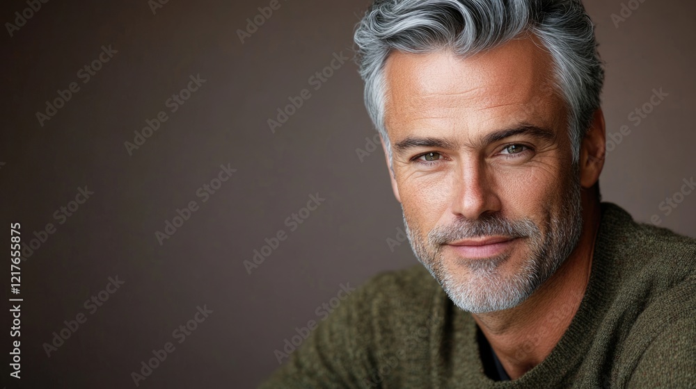 Fototapeta premium Mature man with stylish gray hair in a relaxed pose against a soft neutral background exuding confidence and charm.
