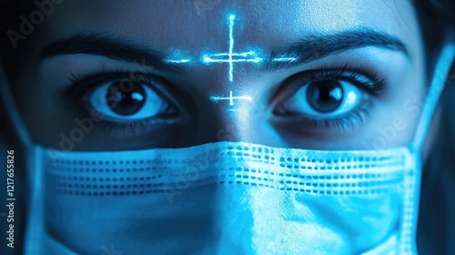 Close up of a masked face with tic tac toe board design in x ray vision theme showcasing intense gaze and empty space for text placement photo