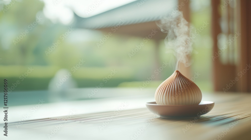 A serene scene featuring an incense burner emitting gentle smoke, set against a tranquil green landscape. A serene scene featuring an incense burner emitting gentle smoke, set against a tranquil green landscape.