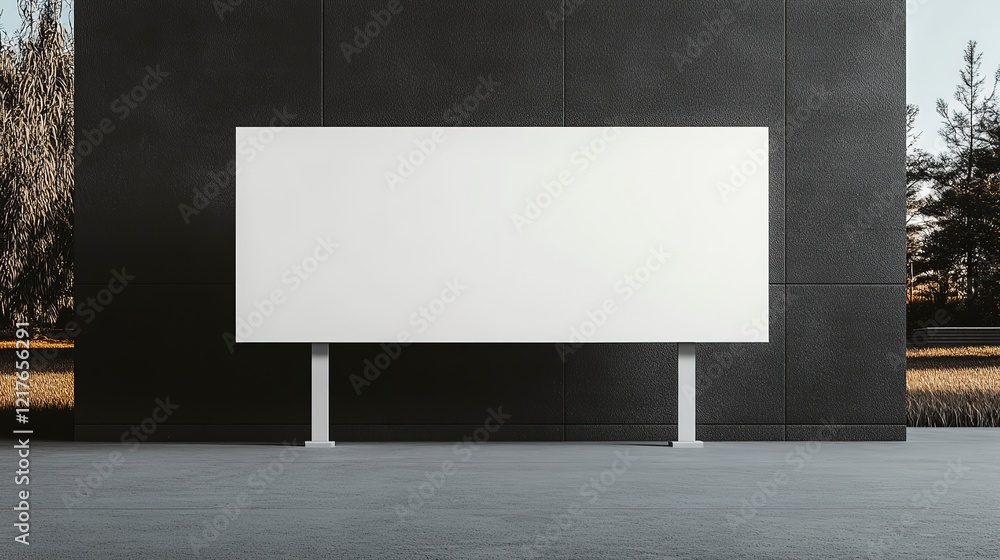 White advertising banner display set against a modern building landscape during daylight hours White advertising banner display set against a modern building landscape during daylight hours