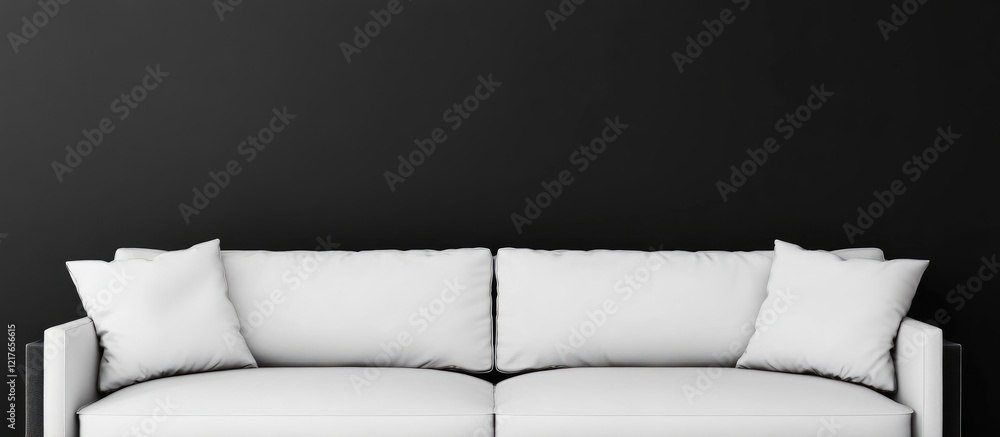 Obraz premium Black sofa adorned with white cushions in modern living room setting featuring ample empty copyspace for personalized text or branding.
