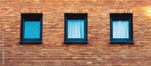 Urban residential architecture featuring a brick wall with ceramic tile roof texture and three windows creating an inviting atmosphere for design. photo