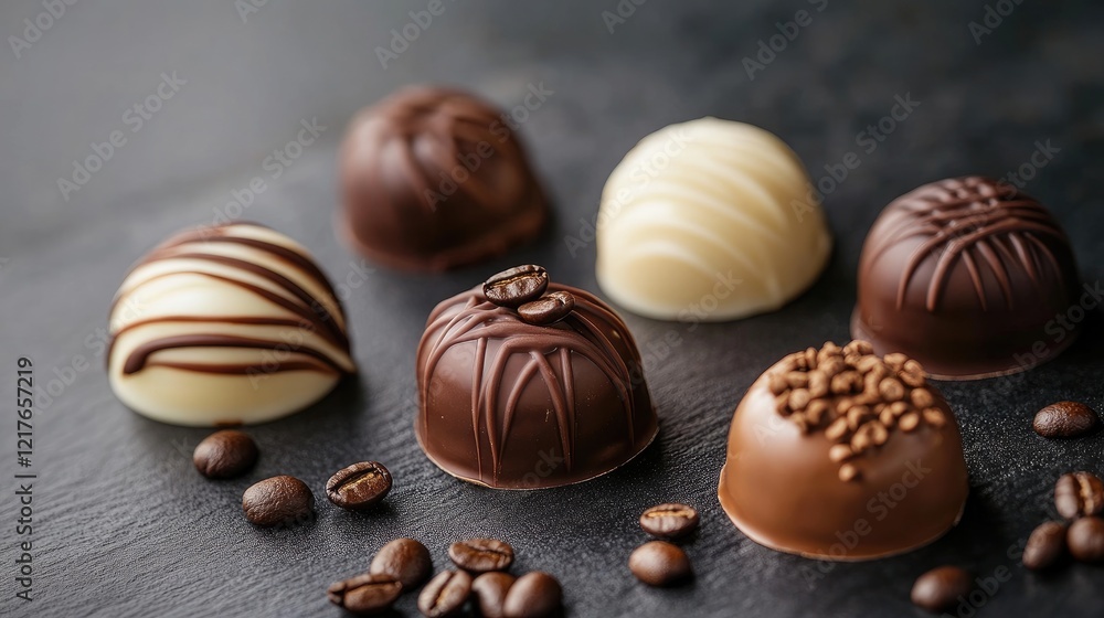 Assortment of gourmet chocolate truffles with coffee beans on dark slate background showcasing elegance and indulgence in dessert presentation Assortment of gourmet chocolate truffles with coffee beans on dark slate background showcasing elegance and indulgence in dessert presentation