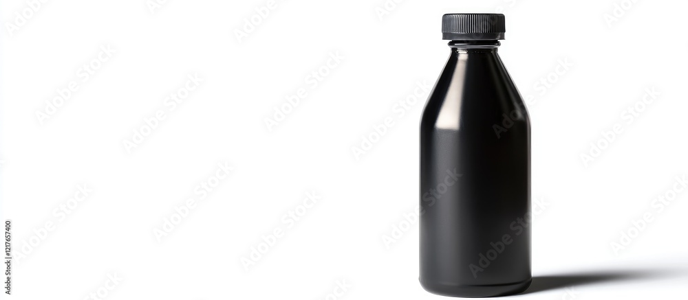 Black plastic bottle with blank label isolated on white background ideal for product branding or advertising with ample copyspace for text Black plastic bottle with blank label isolated on white background ideal for product branding or advertising with ample copyspace for text