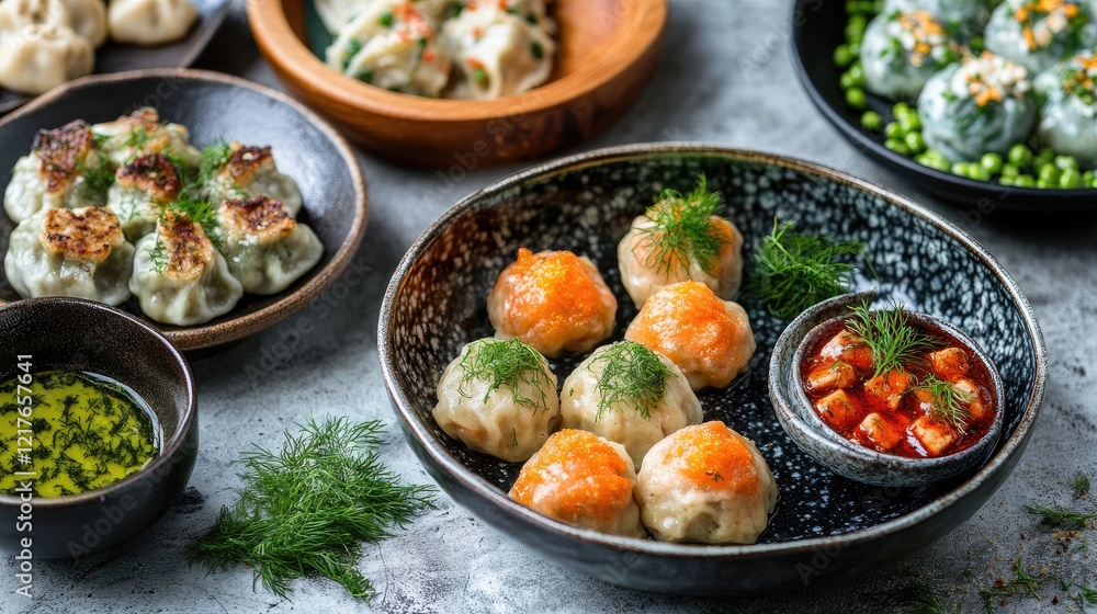 Delicious assortment of dumplings presented with fresh dill sauce and vibrant garnishes on stylish tableware Delicious assortment of dumplings presented with fresh dill sauce and vibrant garnishes on stylish tableware