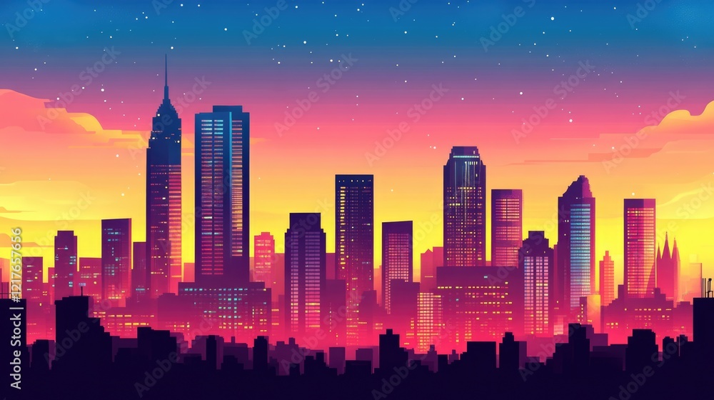 Vibrant city skyline silhouette at sunset with colorful sky reflections and ample space for text or branding purposes Vibrant city skyline silhouette at sunset with colorful sky reflections and ample space for text or branding purposes