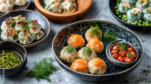 Wallpaper Mural Delicious assortment of dumplings presented with fresh dill sauce and vibrant garnishes on stylish tableware Torontodigital.ca