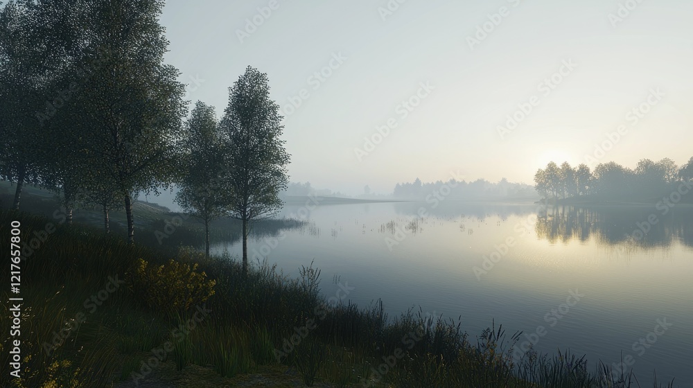 Fototapeta premium Misty sunrise lake, trees, calm water, tranquil scene, nature background, idyllic landscape, website banner
