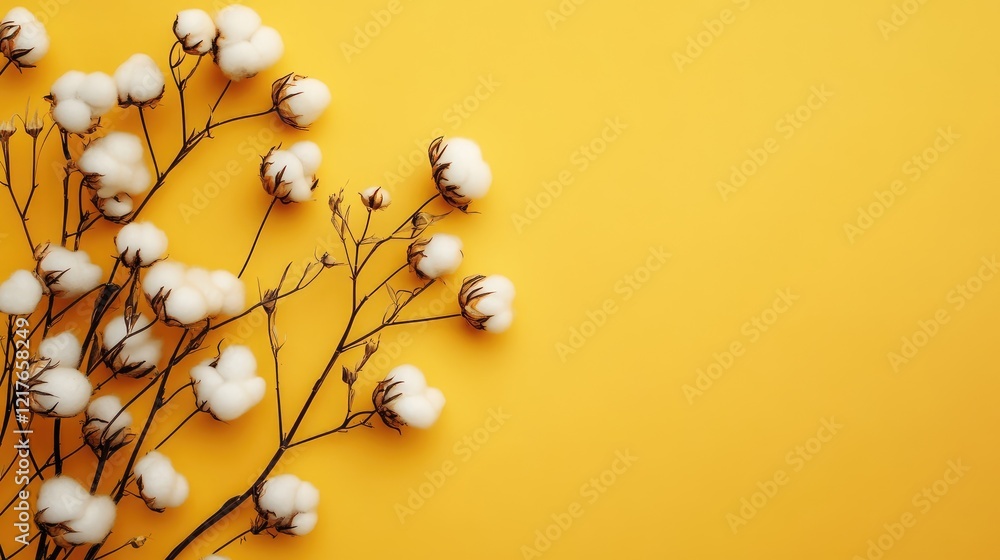 Fototapeta premium Cotton branch with white bolls on yellow background with copy space for text or design elements