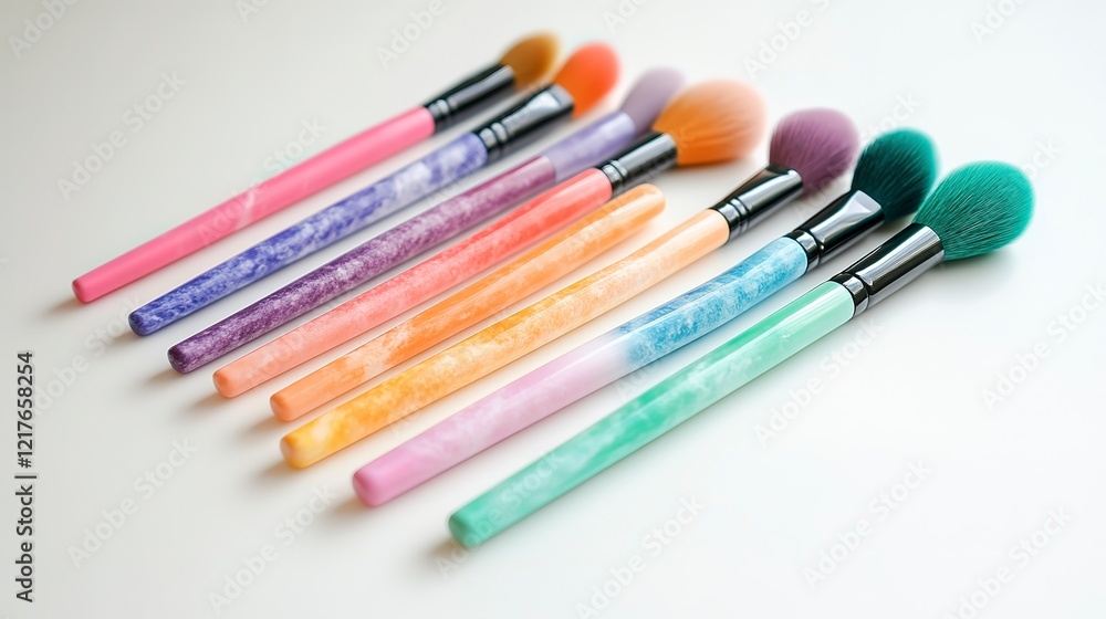 Colorful makeup brushes arranged neatly on a white surface for beauty and cosmetic applications Colorful makeup brushes arranged neatly on a white surface for beauty and cosmetic applications