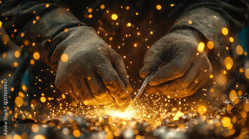 Welder's gloved hands sparks metal workshop Welder's gloved hands sparks metal workshop