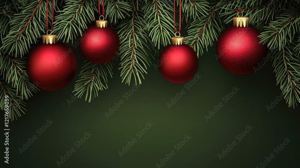 Christmas Background Featuring Pine Branches Adorned with Red Ornaments and Generous Copy Space for Text Decoration and Design Christmas Background Featuring Pine Branches Adorned with Red Ornaments and Generous Copy Space for Text Decoration and Design
