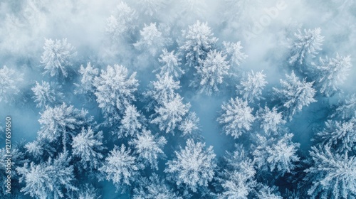 Aerial view of snow-covered evergreen trees surrounded by fog in a winter landscape with Copy Space.