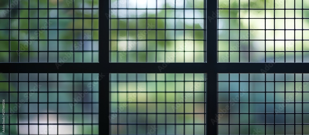 Black window screens with a blurred green background and ample copyspace for promotional text or content marketing purposes. Black window screens with a blurred green background and ample copyspace for promotional text or content marketing purposes.