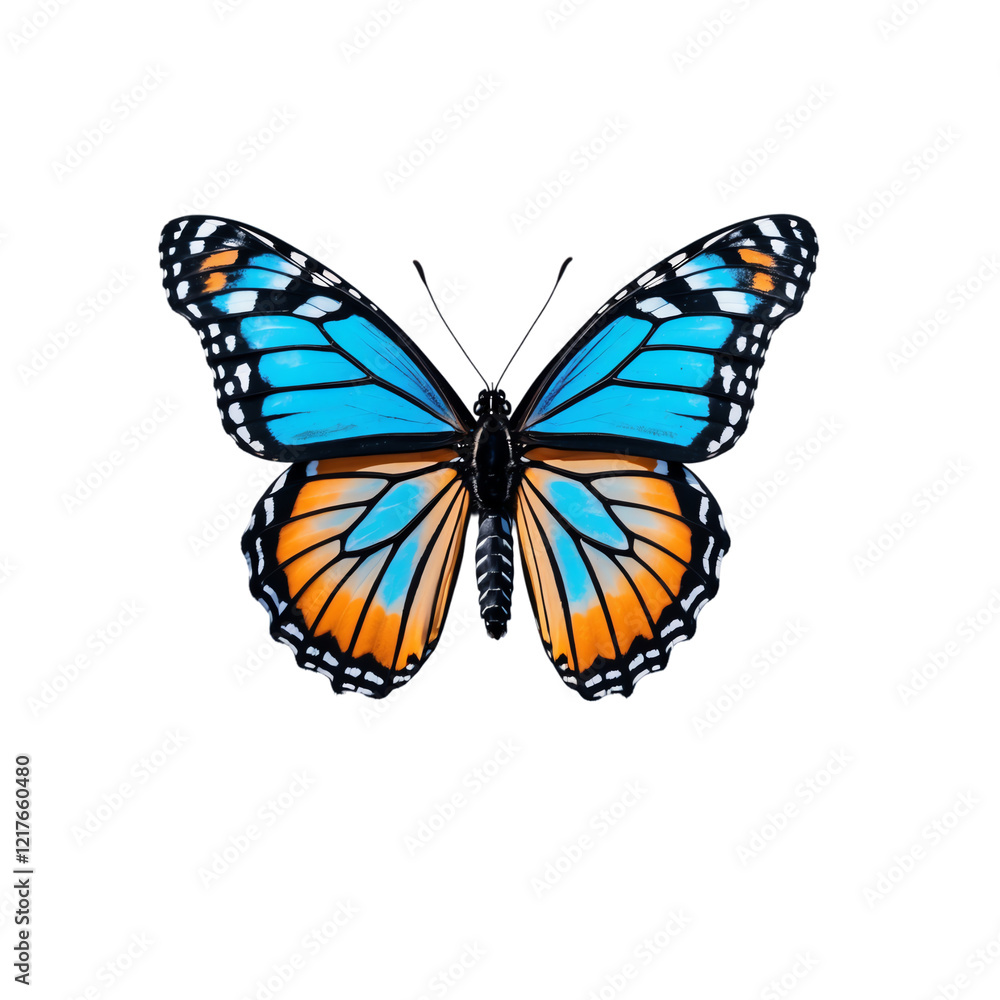 Vibrant blue and orange monarch butterfly, isolated on transparent background. Vibrant blue and orange monarch butterfly, isolated on transparent background.