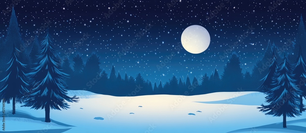 Serene winter night with glowing full moon over snow-covered landscape and twinkling stars providing ample space for text or graphic design Serene winter night with glowing full moon over snow-covered landscape and twinkling stars providing ample space for text or graphic design
