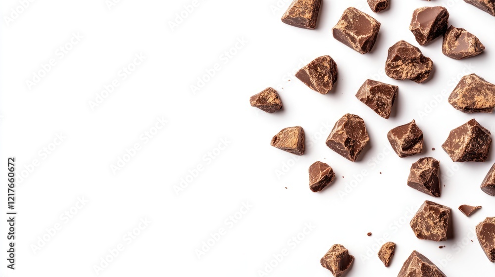 Chocolate chunks scattered on white background with ample copy space for culinary promotional text or dessert recipe ideas Chocolate chunks scattered on white background with ample copy space for culinary promotional text or dessert recipe ideas