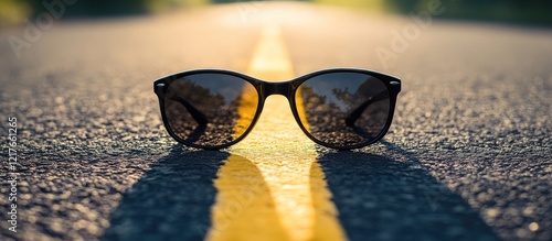 Black sunglasses on a highway's centerline during sunset with sun reflections and ample copyspace for text or graphics photo