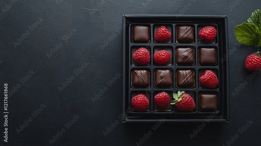 A minimalist vegan chocolate box paired with fresh strawberries and raspberries, isolated on a matte black surface A minimalist vegan chocolate box paired with fresh strawberries and raspberries, isolated on a matte black surface