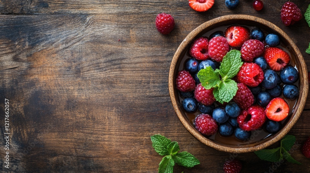 Fresh berries in a wooden bowl with mint leaves on rustic table perfect for healthy dessert recipes or summer menu designs Fresh berries in a wooden bowl with mint leaves on rustic table perfect for healthy dessert recipes or summer menu designs