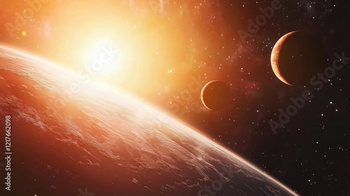 Astronaut discovering potential habitable exoplanets with a stunning view of distant celestial bodies and a radiant sun in space. photo