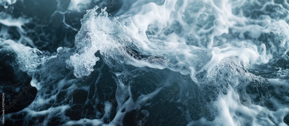 Obraz premium Abstract view of turbulent ocean water with foamy waves and deep blue tones featuring ample Copy Space for text placement.