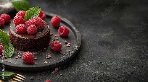 Chocolate Cake Dessert Topped with Fresh Raspberries on Dark Background with Space for Customizable Text or Branding photo