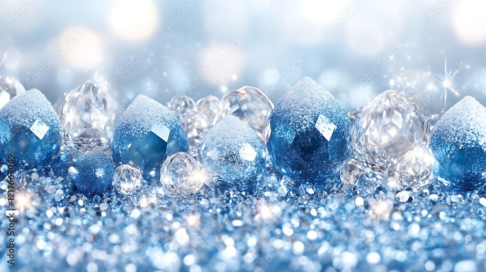 Snow dusted blue and crystal ornaments sparkle brightly Snow dusted blue and crystal ornaments sparkle brightly