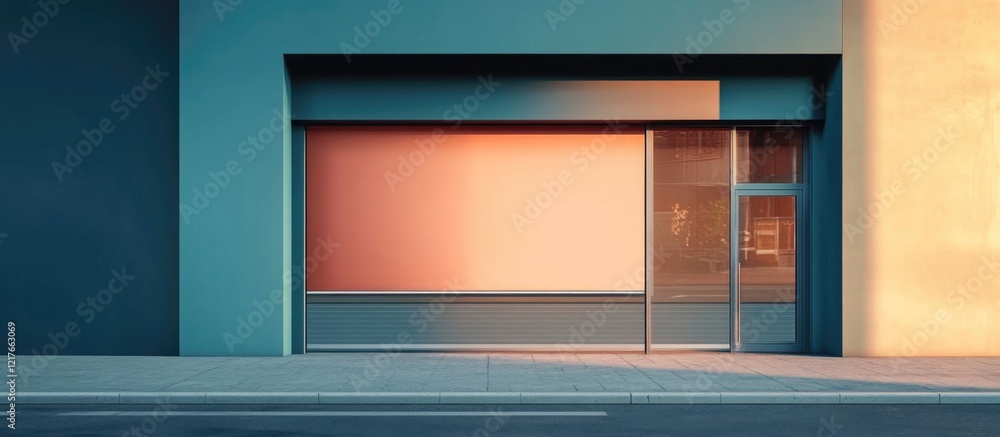 Modern storefront with large glass window and minimalist design featuring geometric shapes and pastel color palette Copy Space Modern storefront with large glass window and minimalist design featuring geometric shapes and pastel color palette Copy Space
