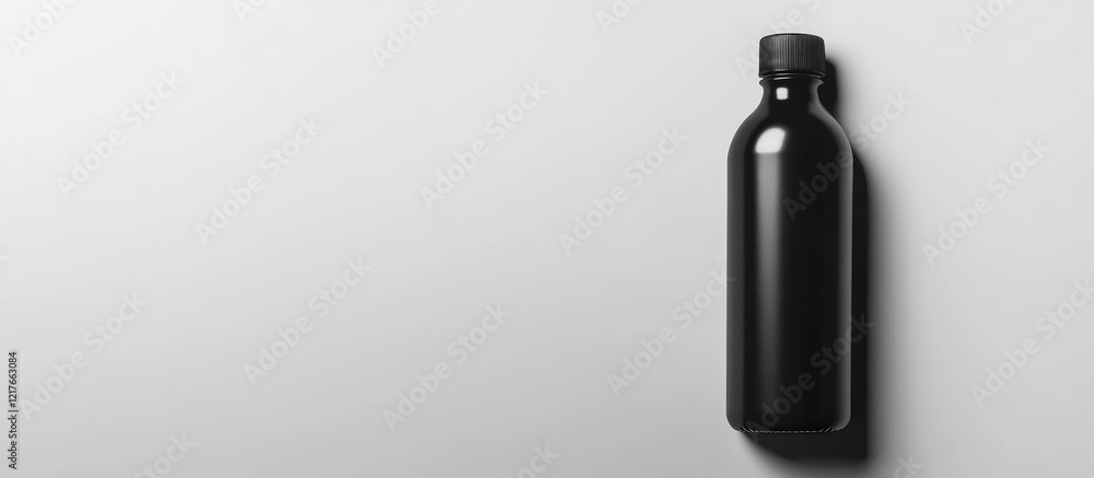 Fototapeta premium Black Water Bottle Mockup on Minimalistic White Background Ideal for Brand Presentations and Advertising Text Placement
