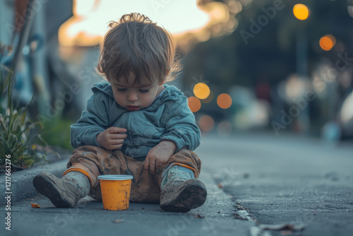 A small child seated on the pavement, holding a cup in a contemplative moment.