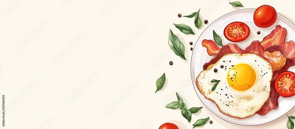 Breakfast plate with fried egg, crispy bacon, cherry tomatoes, and fresh basil on light background with copy space for text. Breakfast plate with fried egg, crispy bacon, cherry tomatoes, and fresh basil on light background with copy space for text.
