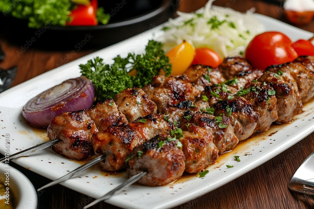 Delicious Grilled Pork Shish Kebabs with Red Onions Parsley and Colorful Vegetables Gourmet Food Photography Restaurant Menu Image bbq meat dish meal high lunch Delicious Grilled Pork Shish Kebabs with Red Onions Parsley and Colorful Vegetables Gourmet Food Photography Restaurant Menu Image bbq meat dish meal high lunch