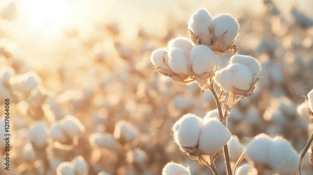 Cotton plant flowers in a field during golden hour with soft sunlight and a blurred background Copy Space Cotton plant flowers in a field during golden hour with soft sunlight and a blurred background Copy Space