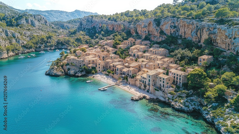 Coastal Village nestled in a rocky bay surrounded by mountains Coastal Village nestled in a rocky bay surrounded by mountains