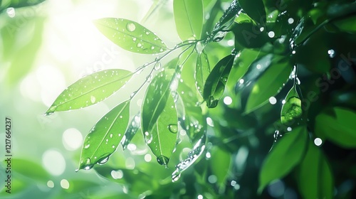 Macro shot of green leaves with water droplets and soft bokeh background, ideal for nature themes and Copy Space. photo