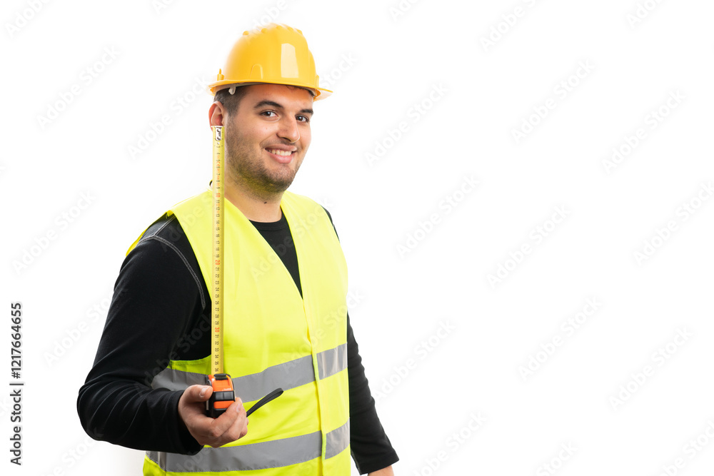 Friendly builder man presenting tape measure with copyspace Friendly builder man presenting tape measure with copyspace