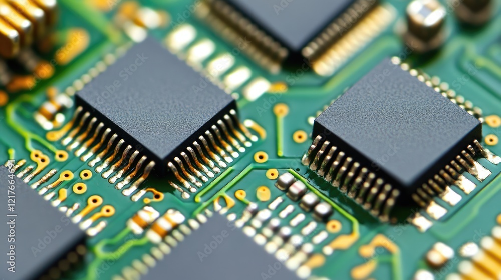 Close-Up of Integrated Circuit Chips on Green Circuit Board with Reflections and Blank Space for Text Insertion Close-Up of Integrated Circuit Chips on Green Circuit Board with Reflections and Blank Space for Text Insertion