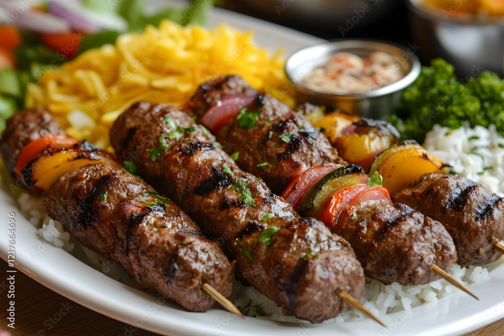 Delicious Grilled Lamb Kofta Skewers with Rice and Vegetables Aromatic Herbs Tasty Mediterranean Cuisine Grilled Meat Kabobs Summer Food Recipe Restaurant Dish Delicious Grilled Lamb Kofta Skewers with Rice and Vegetables Aromatic Herbs Tasty Mediterranean Cuisine Grilled Meat Kabobs Summer Food Recipe Restaurant Dish