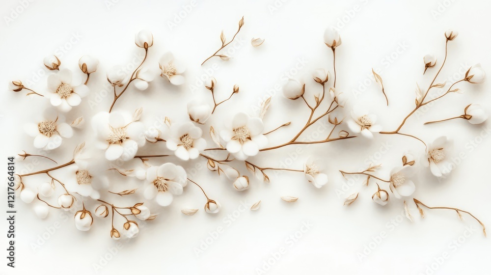 Delicate white flowers and branches arranged on a soft background with ample Copy Space for design elements Delicate white flowers and branches arranged on a soft background with ample Copy Space for design elements