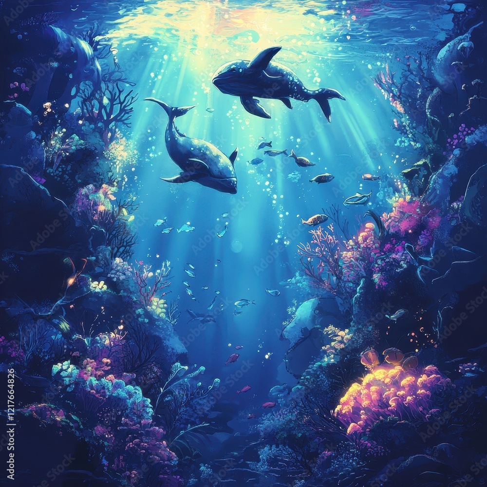 Fototapeta premium Two Whales Swim Among Vibrant Coral Reefs