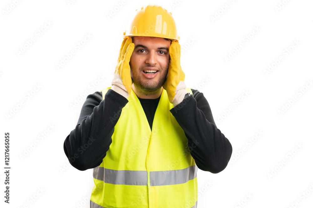Male constructor in work equipment covering ears secret gesture Male constructor in work equipment covering ears secret gesture