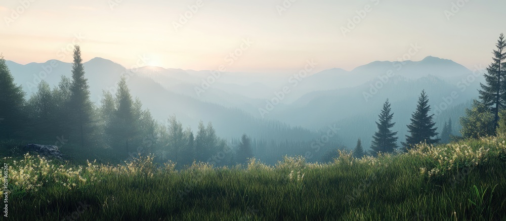 Morning mist over lush forested hills with distant mountains and soft sunlight, landscape scene with Copy Space for text. Morning mist over lush forested hills with distant mountains and soft sunlight, landscape scene with Copy Space for text.