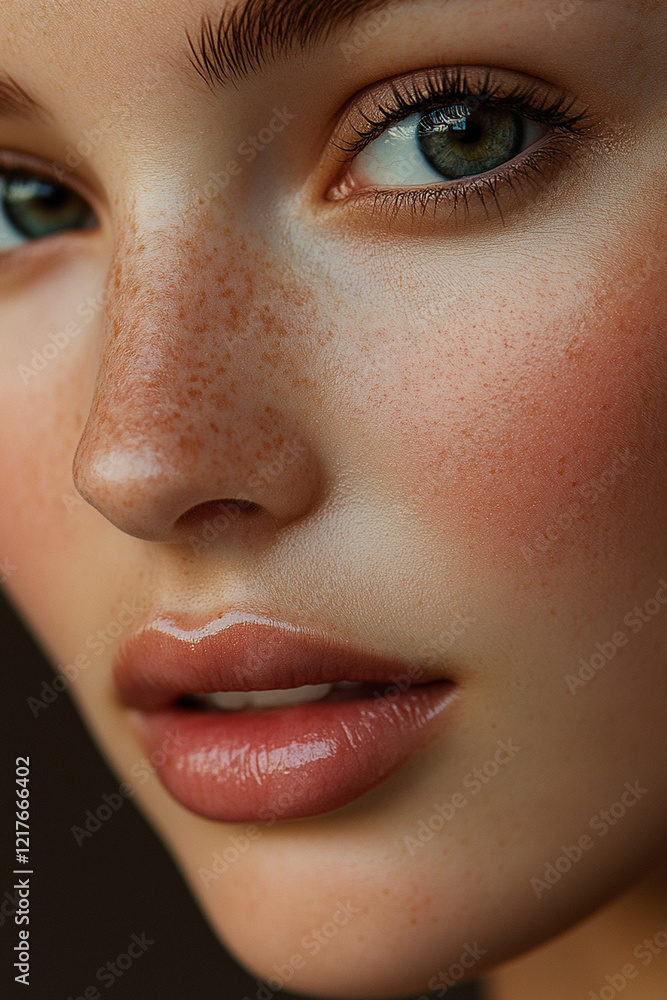 Naklejka premium close up of young woman face showcasing freckles, smooth skin, and captivating green eyes. natural beauty and soft lighting create intimate and serene atmosphere